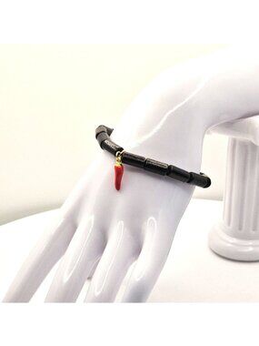 Handmade Black Beaded Bracelet With Red Chili Protection Charm For Men & Women